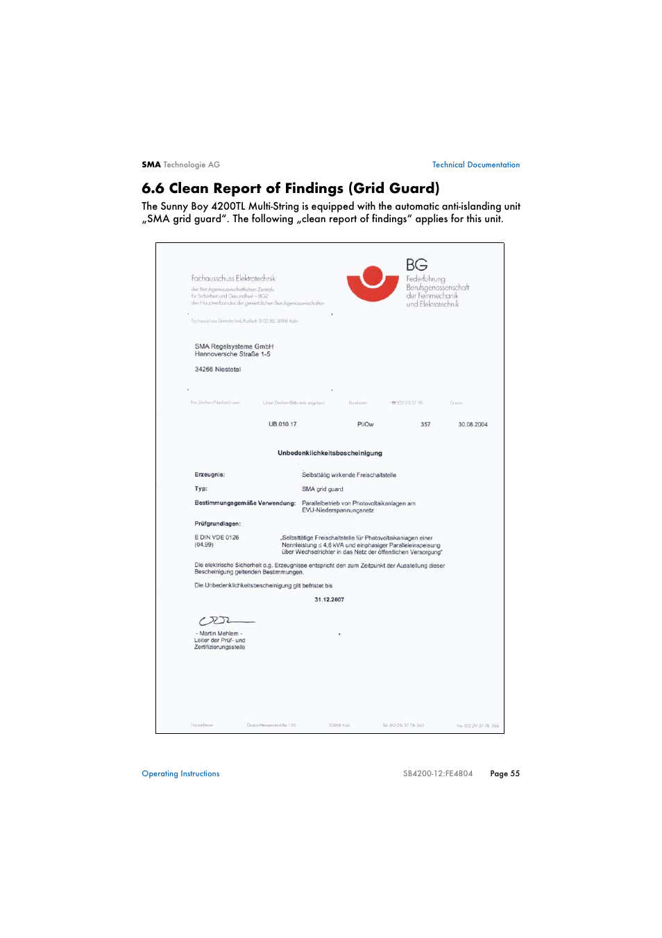 6 clean report of findings (grid guard), Clean report of findings (grid guard) | SMA SB 4200TL Multi-String User Manual | Page 55 / 63