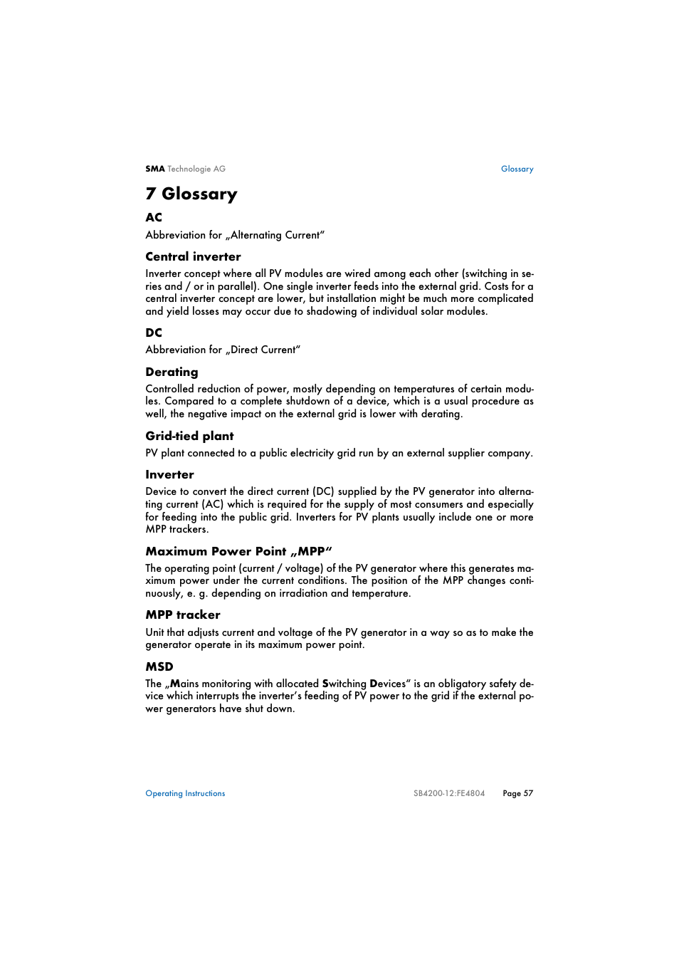 7 glossary, Glossary | SMA SB 4200TL Multi-String User Manual | Page 57 / 63