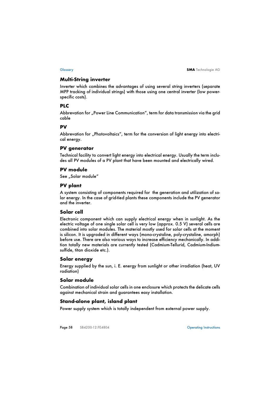 SMA SB 4200TL Multi-String User Manual | Page 58 / 63