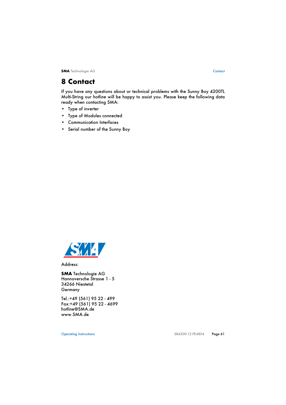 8 contact | SMA SB 4200TL Multi-String User Manual | Page 61 / 63