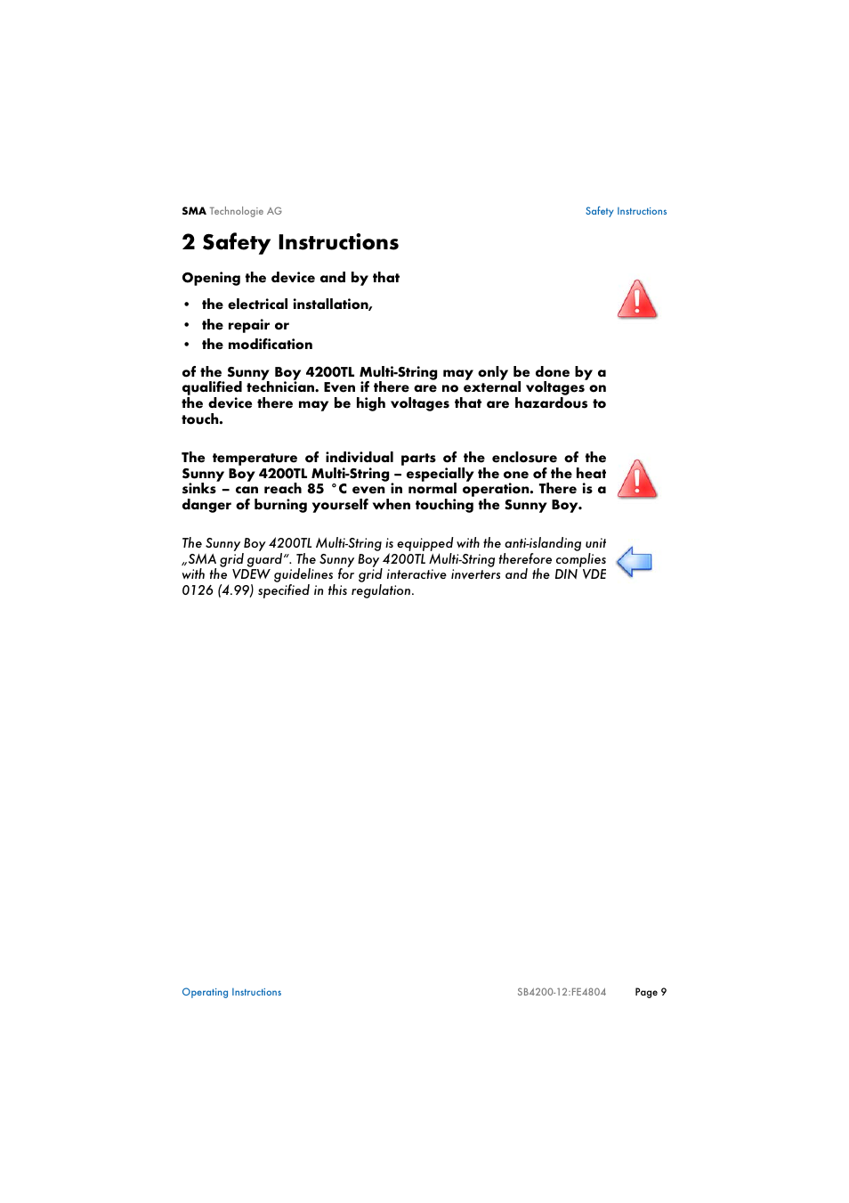 2 safety instructions, Safety instructions | SMA SB 4200TL Multi-String User Manual | Page 9 / 63