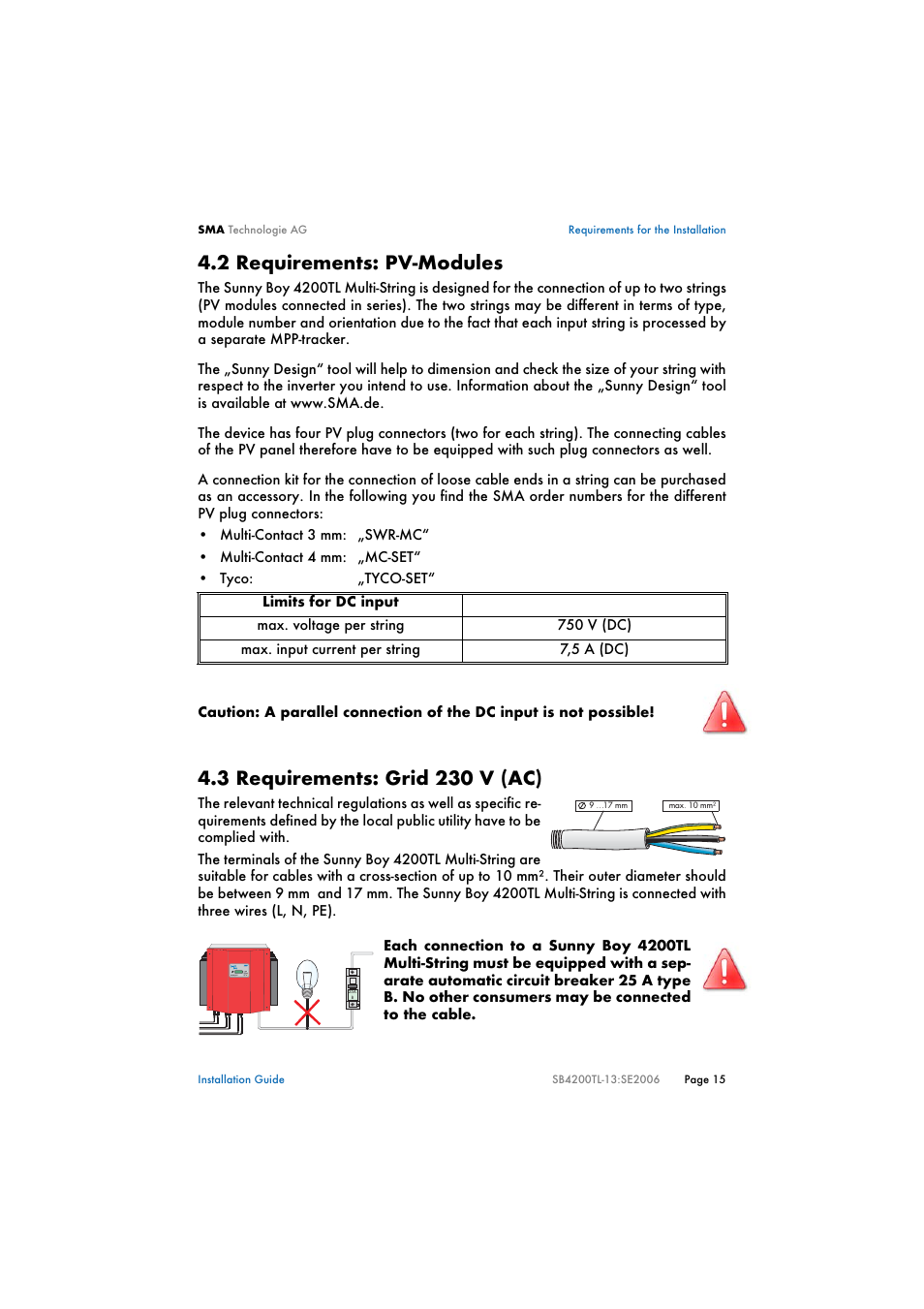 2 requirements: pv-modules, 3 requirements: grid 230 v (ac), Requirements: pv-modules | Requirements: grid 230 v (ac) | SMA SB 4200TL Multi-String Installation User Manual | Page 15 / 42