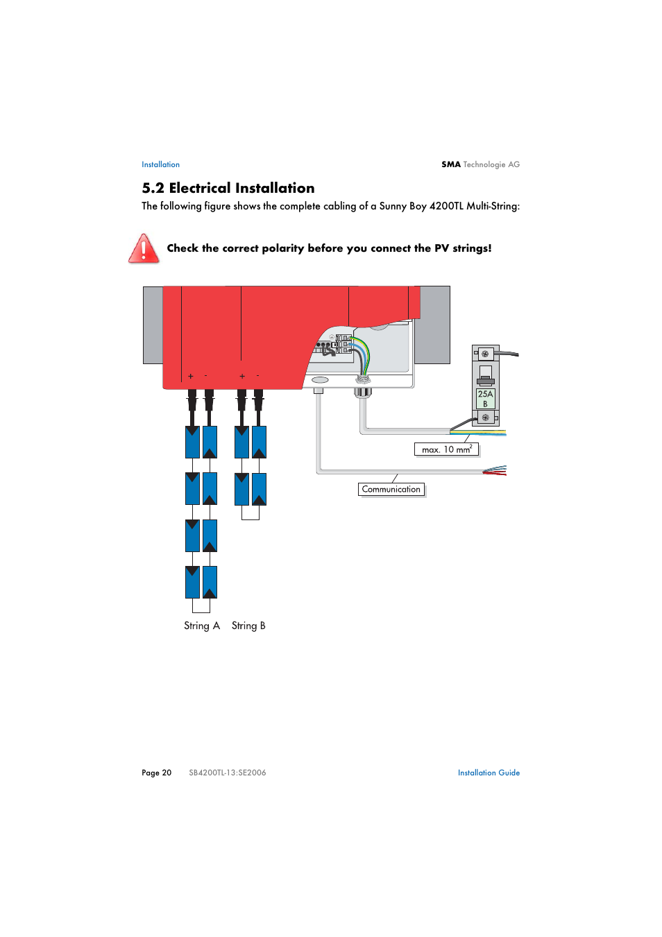 2 electrical installation, Electrical installation | SMA SB 4200TL Multi-String Installation User Manual | Page 20 / 42