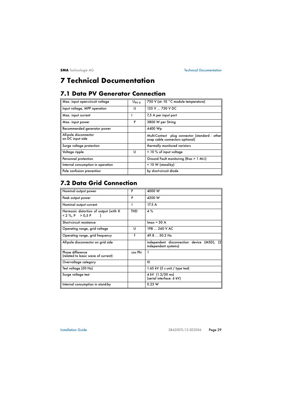 7 technical documentation, 1 data pv generator connection, 2 data grid connection | Technical documentation, Data pv generator connection, Data grid connection | SMA SB 4200TL Multi-String Installation User Manual | Page 29 / 42