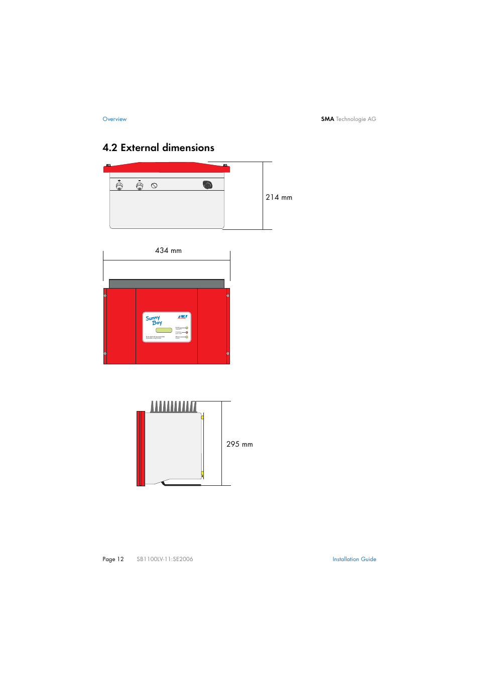 2 external dimensions, External dimensions | SMA SB 1100LV User Manual | Page 12 / 62