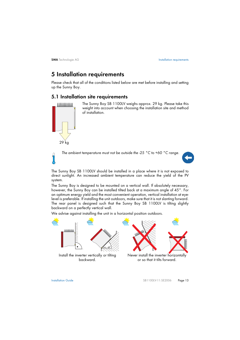 5 installation requirements, 1 installation site requirements, Installation requirements | Installation site requirements | SMA SB 1100LV User Manual | Page 13 / 62