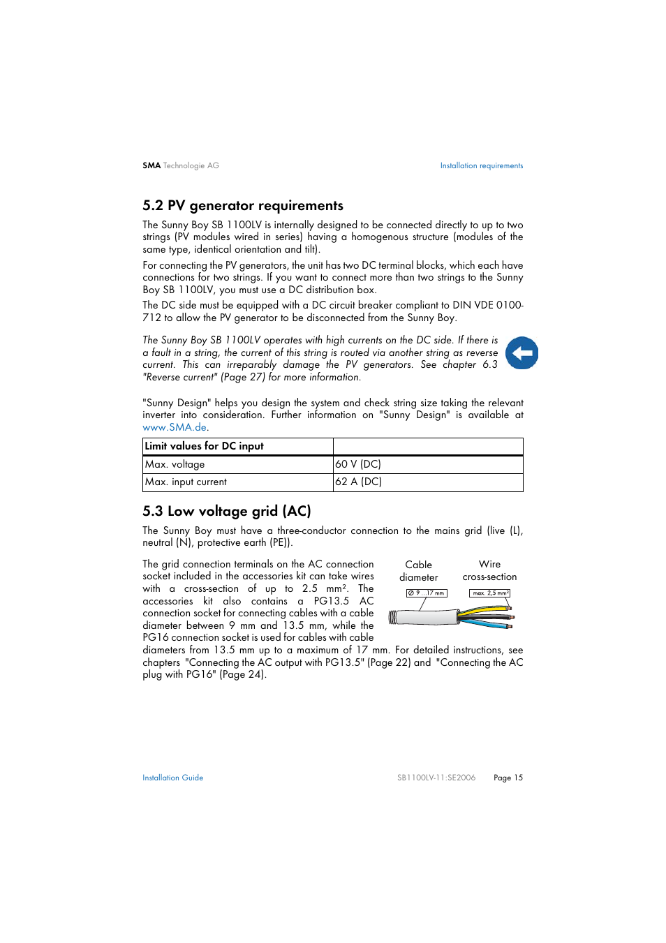 2 pv generator requirements, 3 low voltage grid (ac), Pv generator requirements | Low voltage grid (ac) | SMA SB 1100LV User Manual | Page 15 / 62