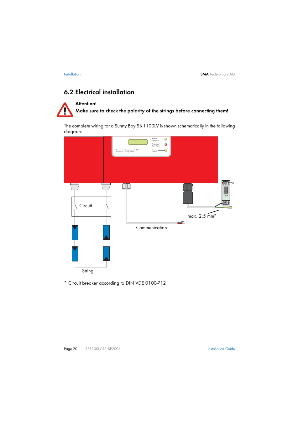 2 electrical installation, Electrical installation | SMA SB 1100LV User Manual | Page 20 / 62