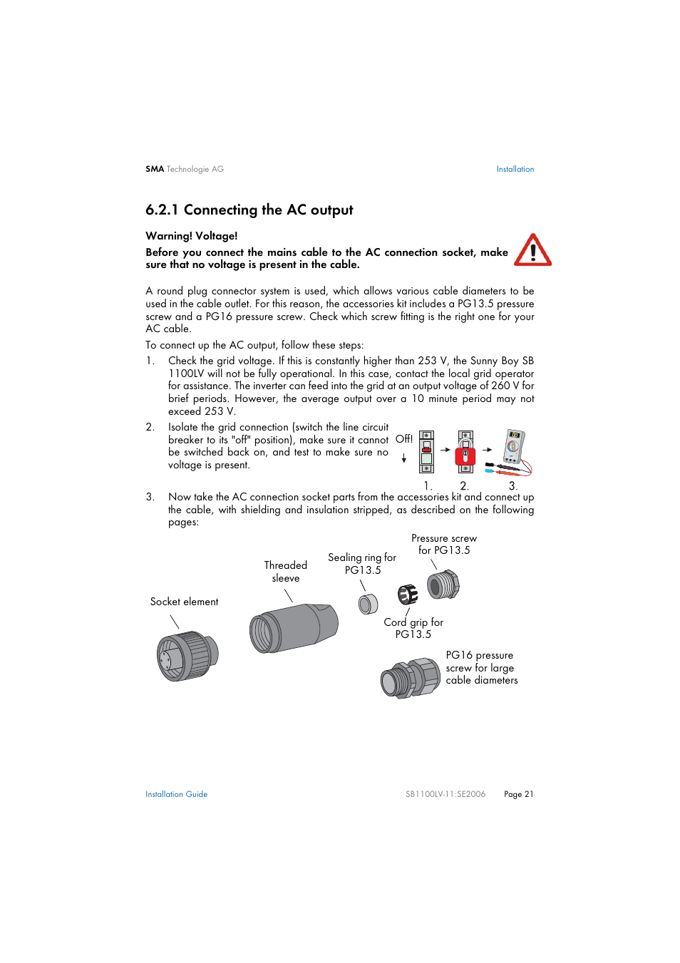 1 connecting the ac output, Connecting the ac output | SMA SB 1100LV User Manual | Page 21 / 62