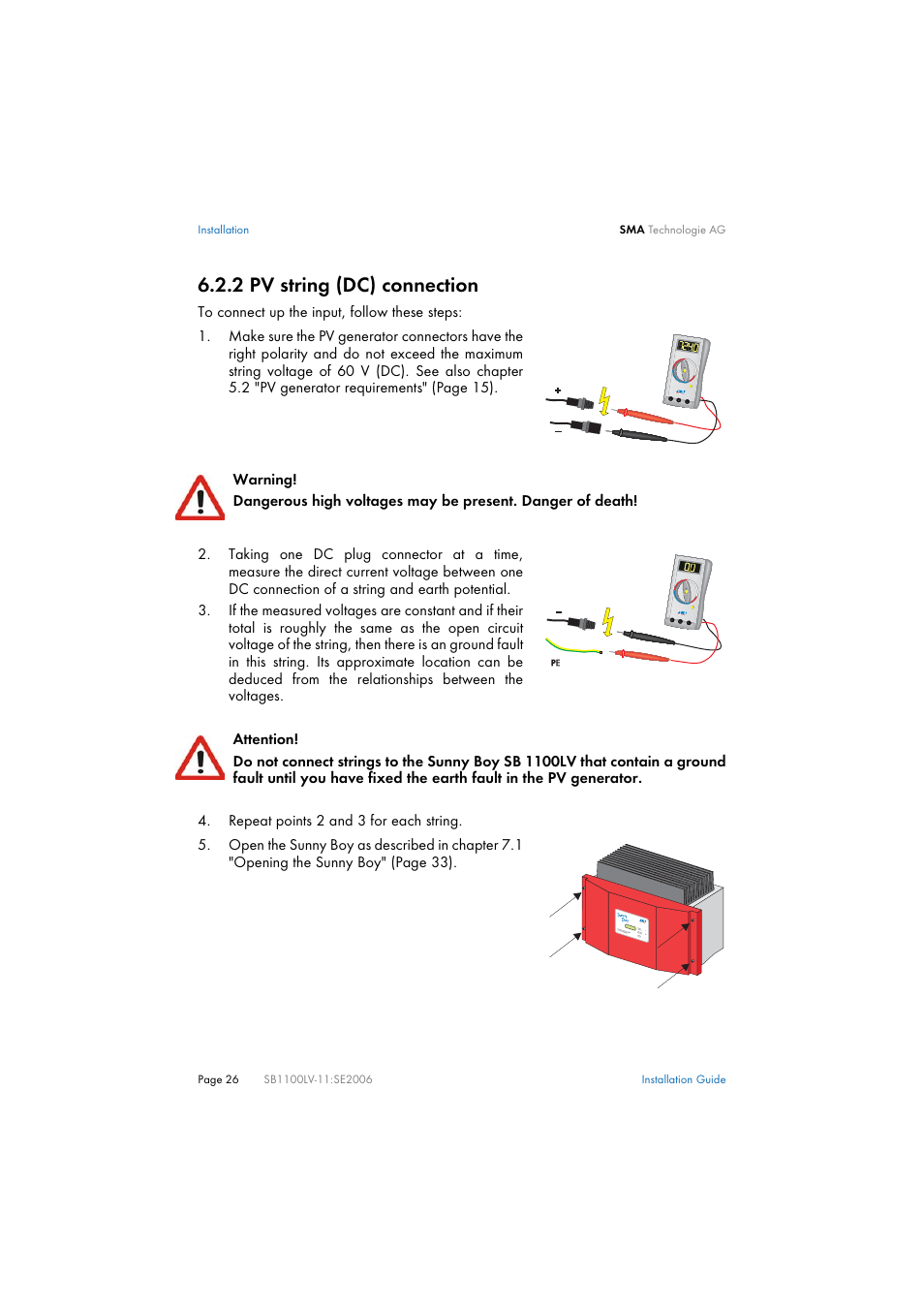 2 pv string (dc) connection, Pv string (dc) connection | SMA SB 1100LV User Manual | Page 26 / 62