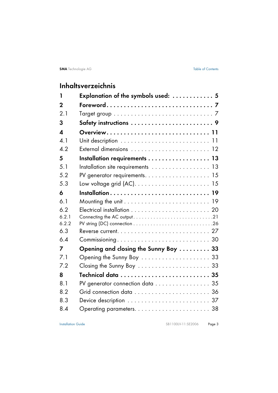 SMA SB 1100LV User Manual | Page 3 / 62