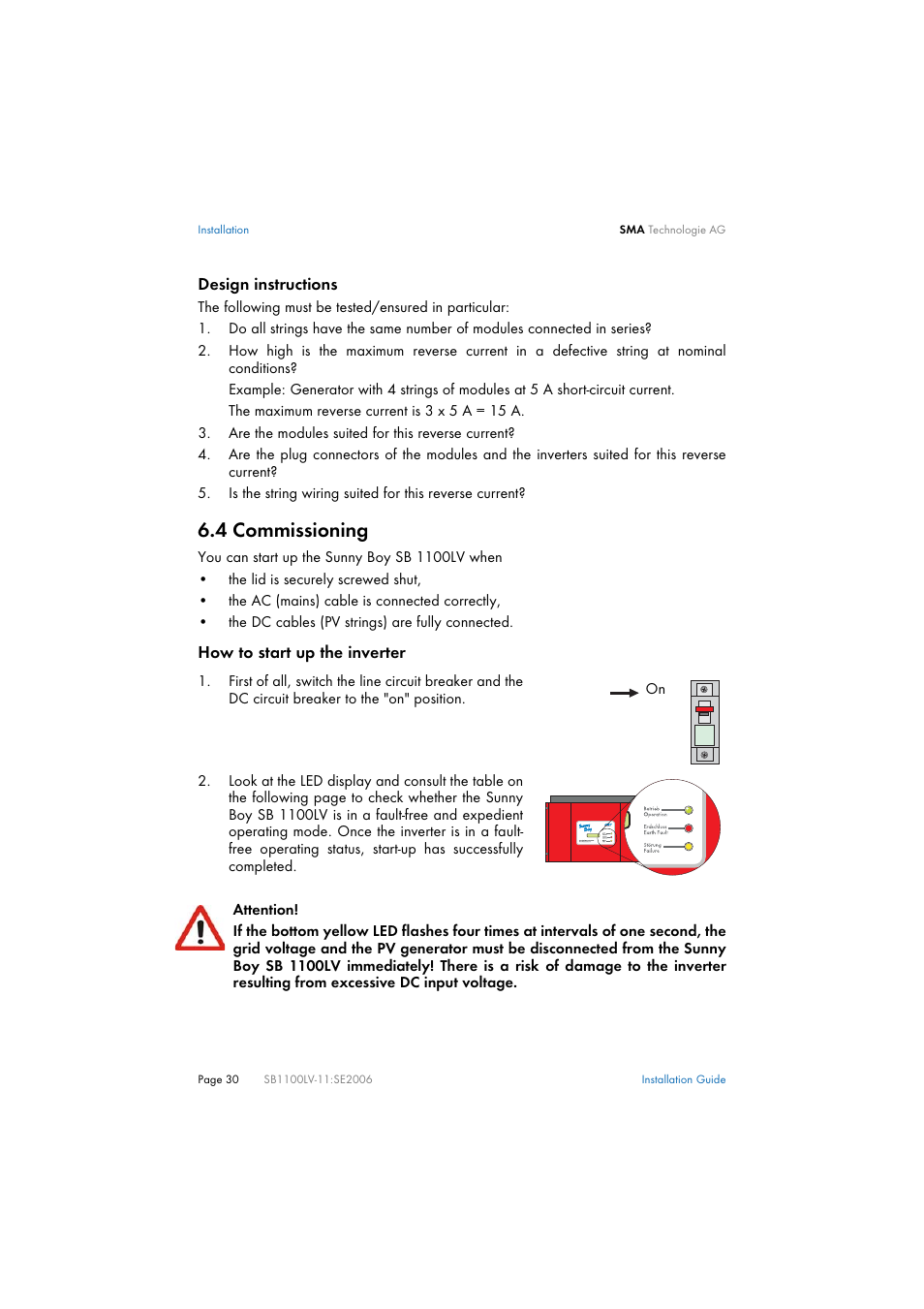 4 commissioning, Commissioning | SMA SB 1100LV User Manual | Page 30 / 62