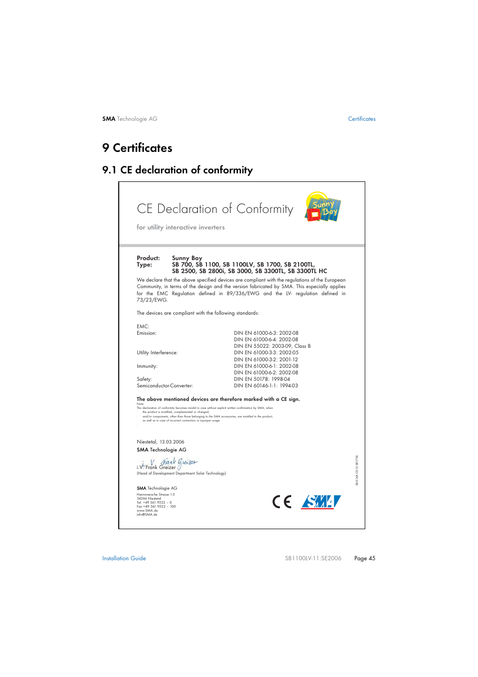 9 certificates, 1 ce declaration of conformity, Certificates | Ce declaration of conformity | SMA SB 1100LV User Manual | Page 45 / 62