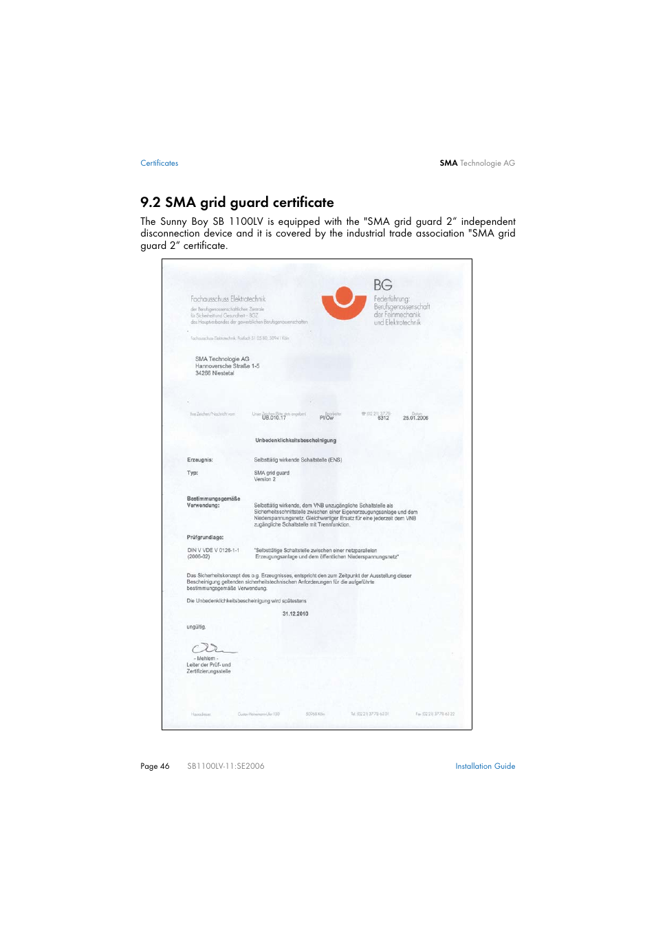 2 sma grid guard certificate, Sma grid guard certificate | SMA SB 1100LV User Manual | Page 46 / 62