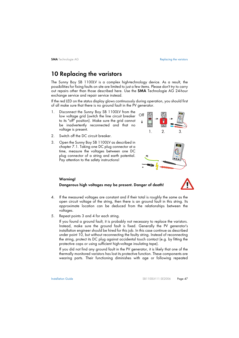 10 replacing the varistors, Replacing the varistors | SMA SB 1100LV User Manual | Page 47 / 62