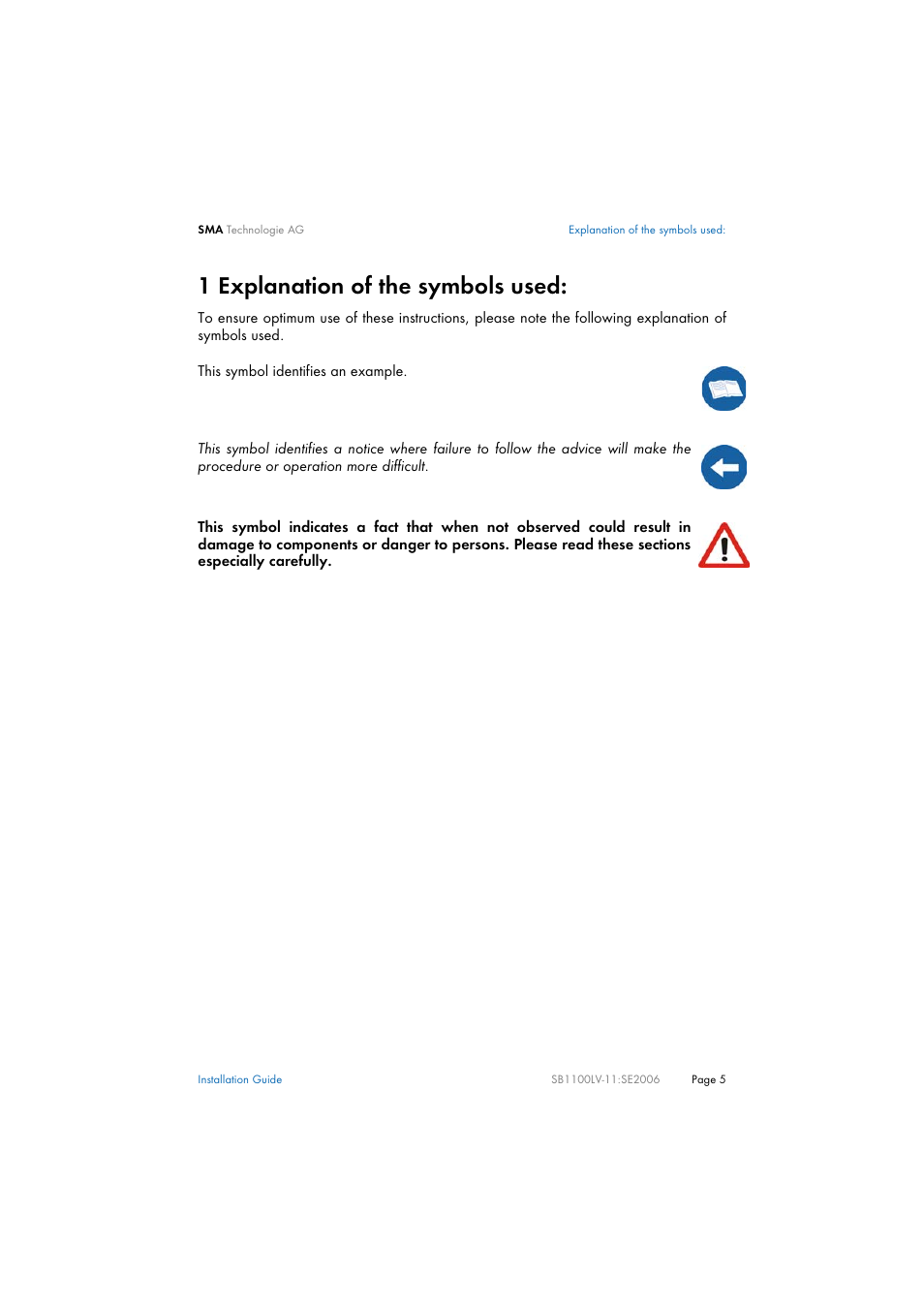 1 explanation of the symbols used, Explanation of the symbols used | SMA SB 1100LV User Manual | Page 5 / 62