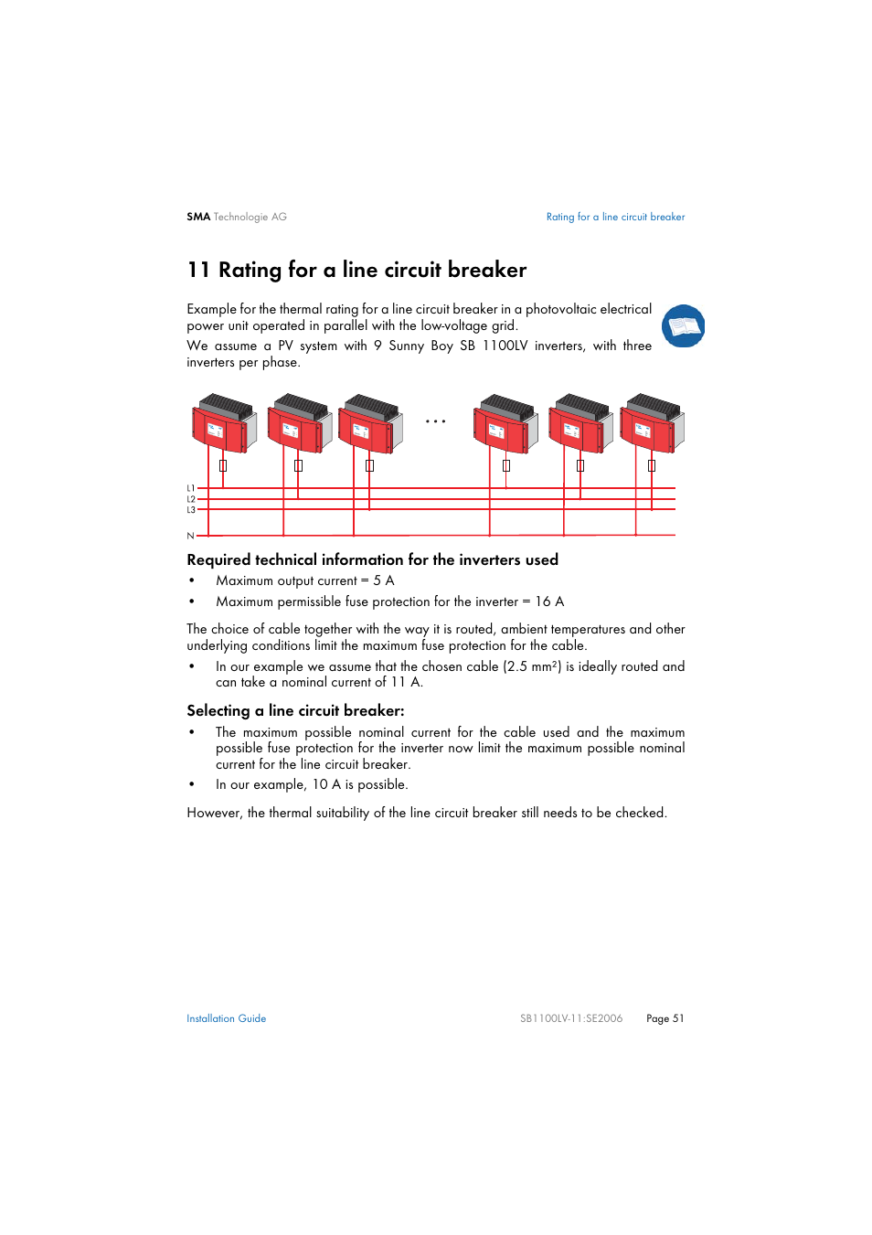 11 rating for a line circuit breaker, Rating for a line circuit breaker | SMA SB 1100LV User Manual | Page 51 / 62