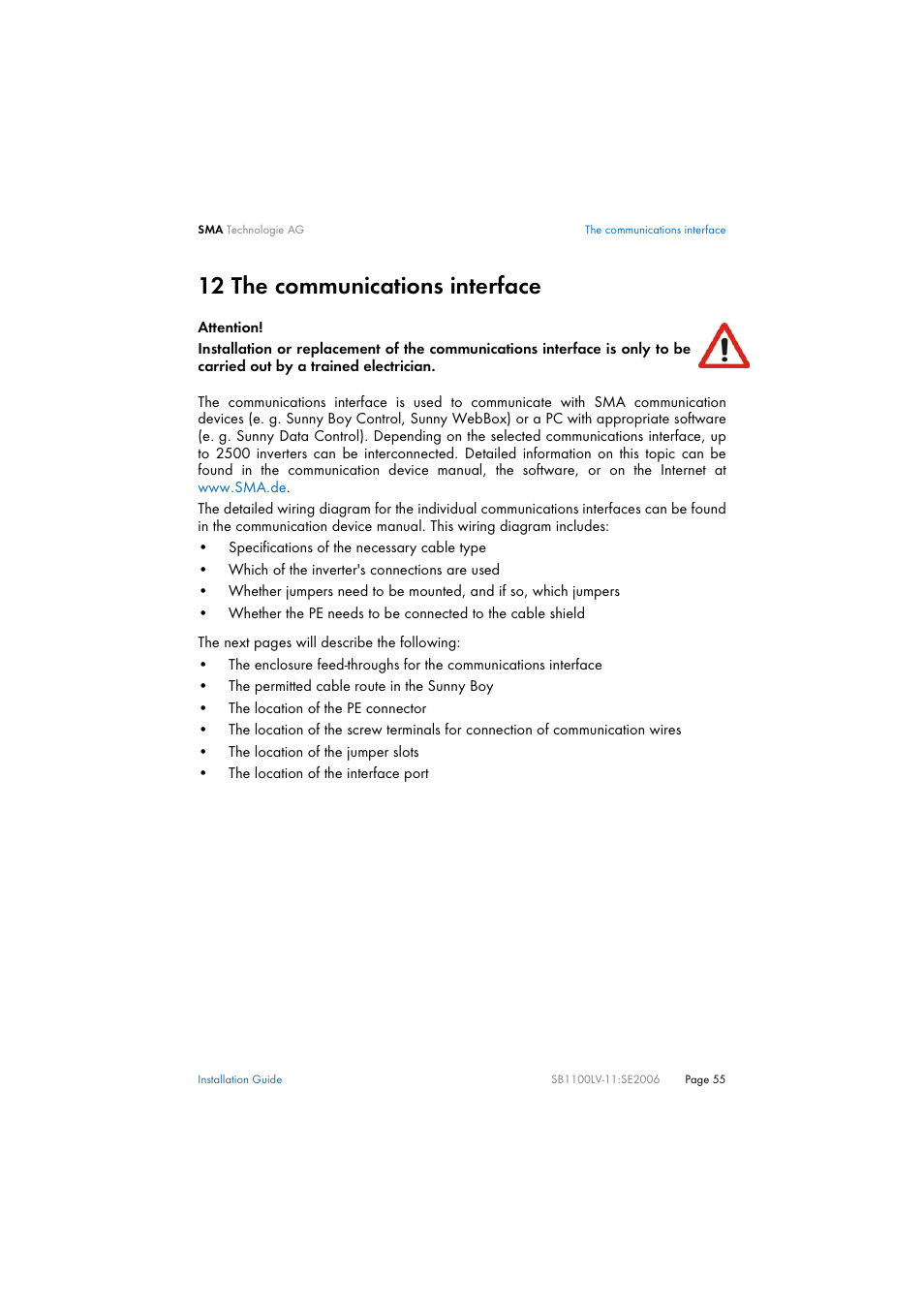 12 the communications interface, The communications interface | SMA SB 1100LV User Manual | Page 55 / 62