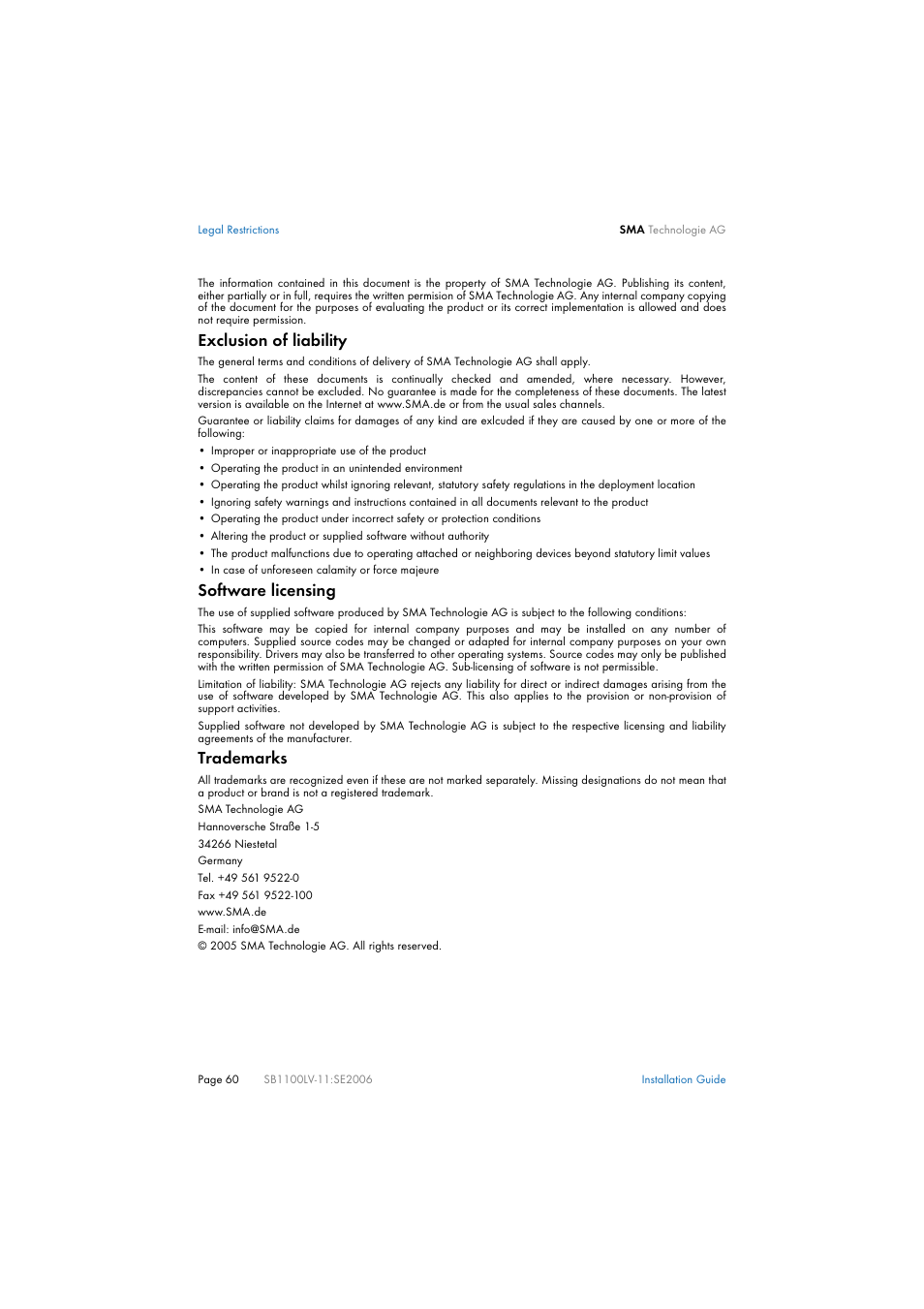 SMA SB 1100LV User Manual | Page 60 / 62