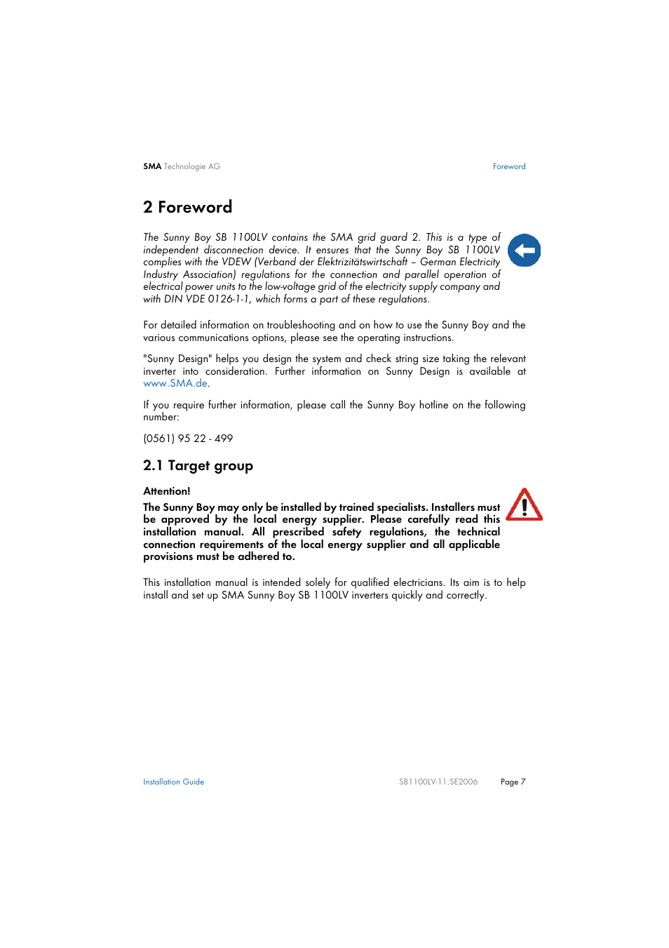 2 foreword, 1 target group, Foreword | Target group | SMA SB 1100LV User Manual | Page 7 / 62
