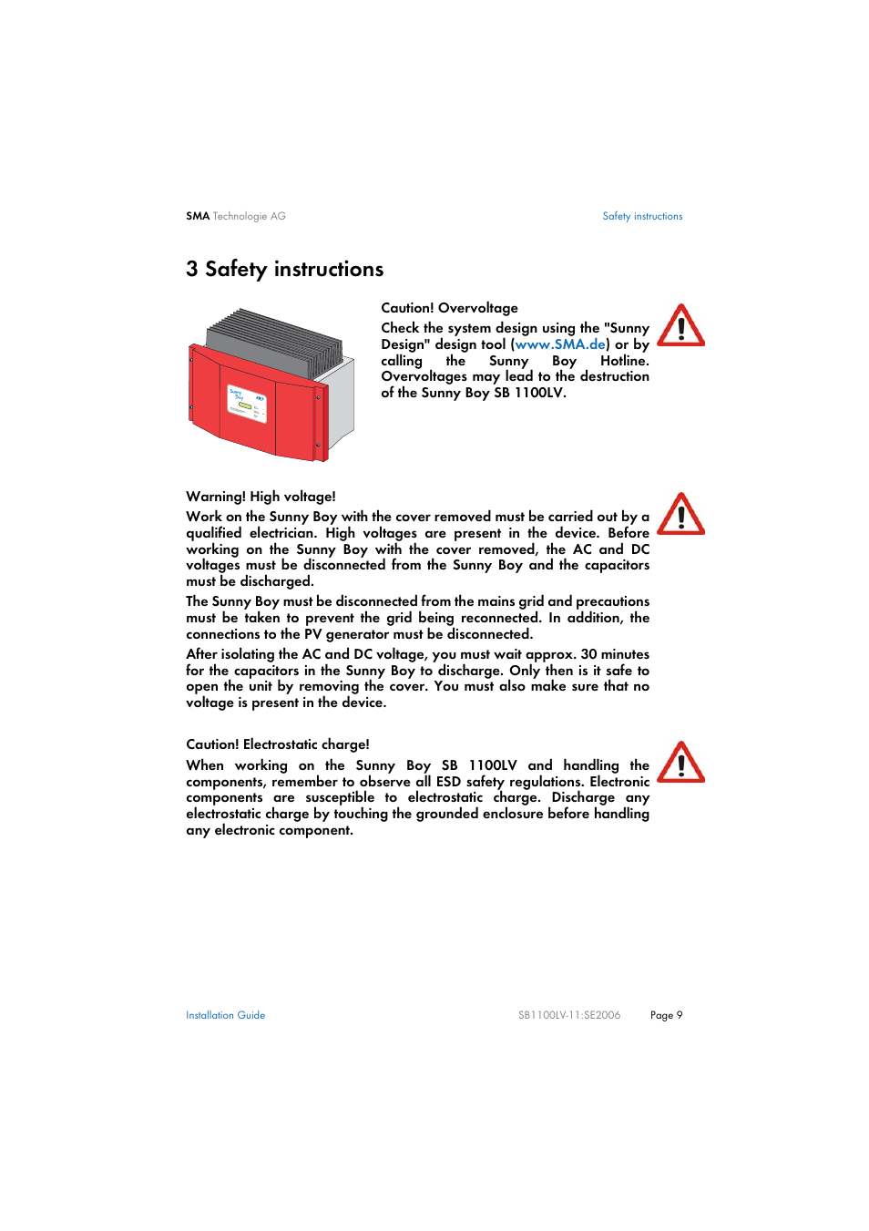 3 safety instructions, Safety instructions | SMA SB 1100LV User Manual | Page 9 / 62