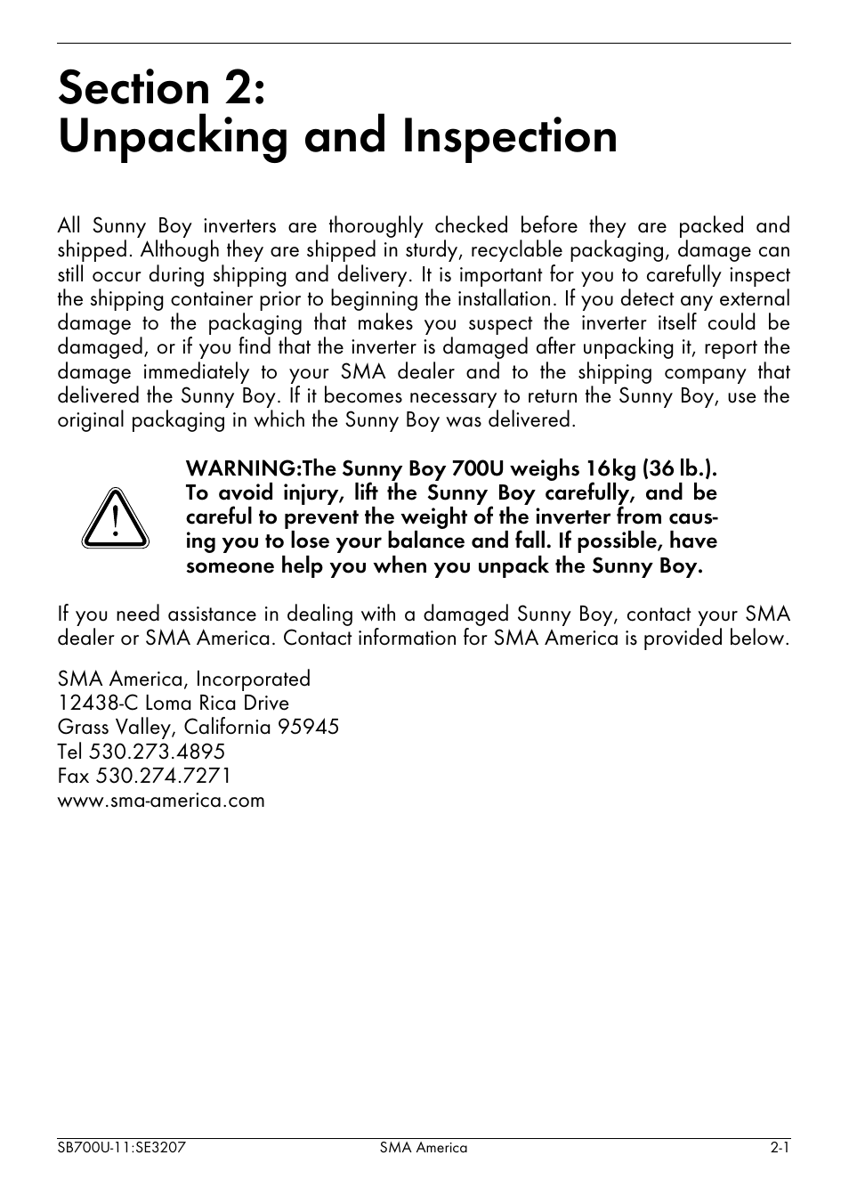 Section 2, Unpacking and inspection, Section 2: unpacking and inspection | SMA SB 700U User Manual | Page 15 / 86