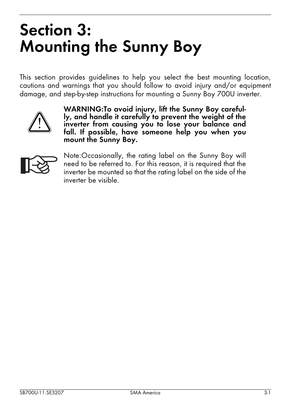 Section 3, Mounting the sunny boy, Section 3: mounting the sunny boy | SMA SB 700U User Manual | Page 17 / 86