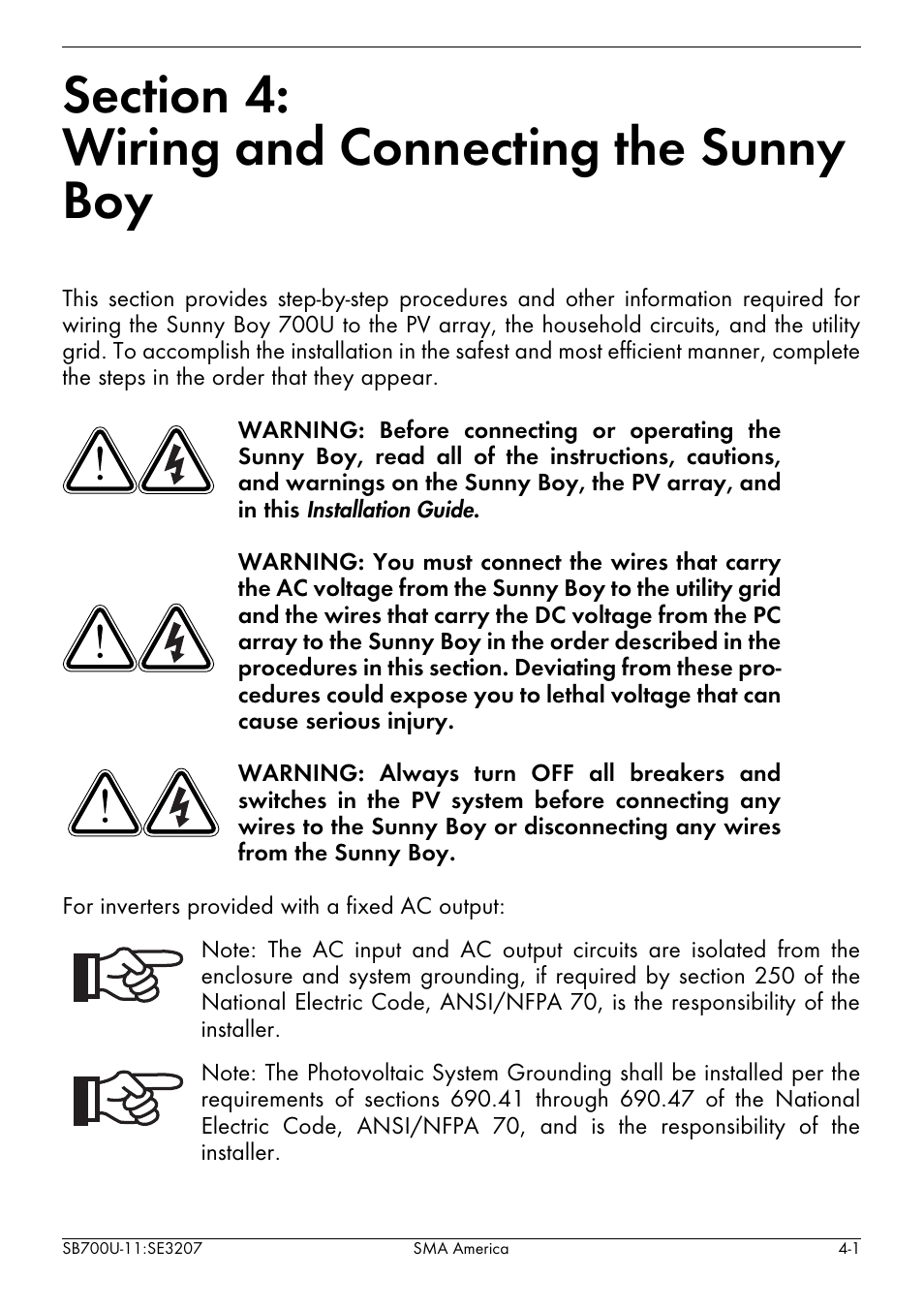 Section 4, Wiring and connecting the sunny boy, Section 4: wiring and connecting the sunny boy | SMA SB 700U User Manual | Page 25 / 86