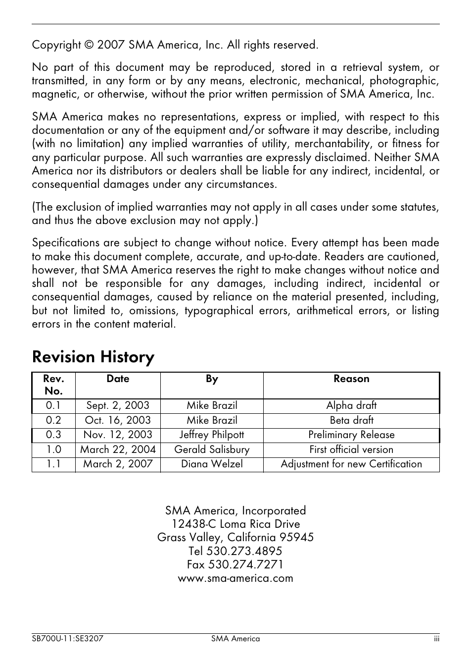 Revision history | SMA SB 700U User Manual | Page 3 / 86