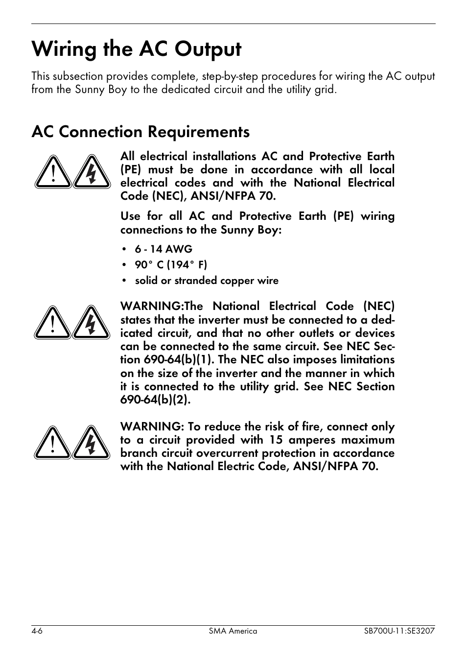 Wiring the ac output -6, Ac connection requirements -6, Wiring the ac output | Ac connection requirements | SMA SB 700U User Manual | Page 30 / 86