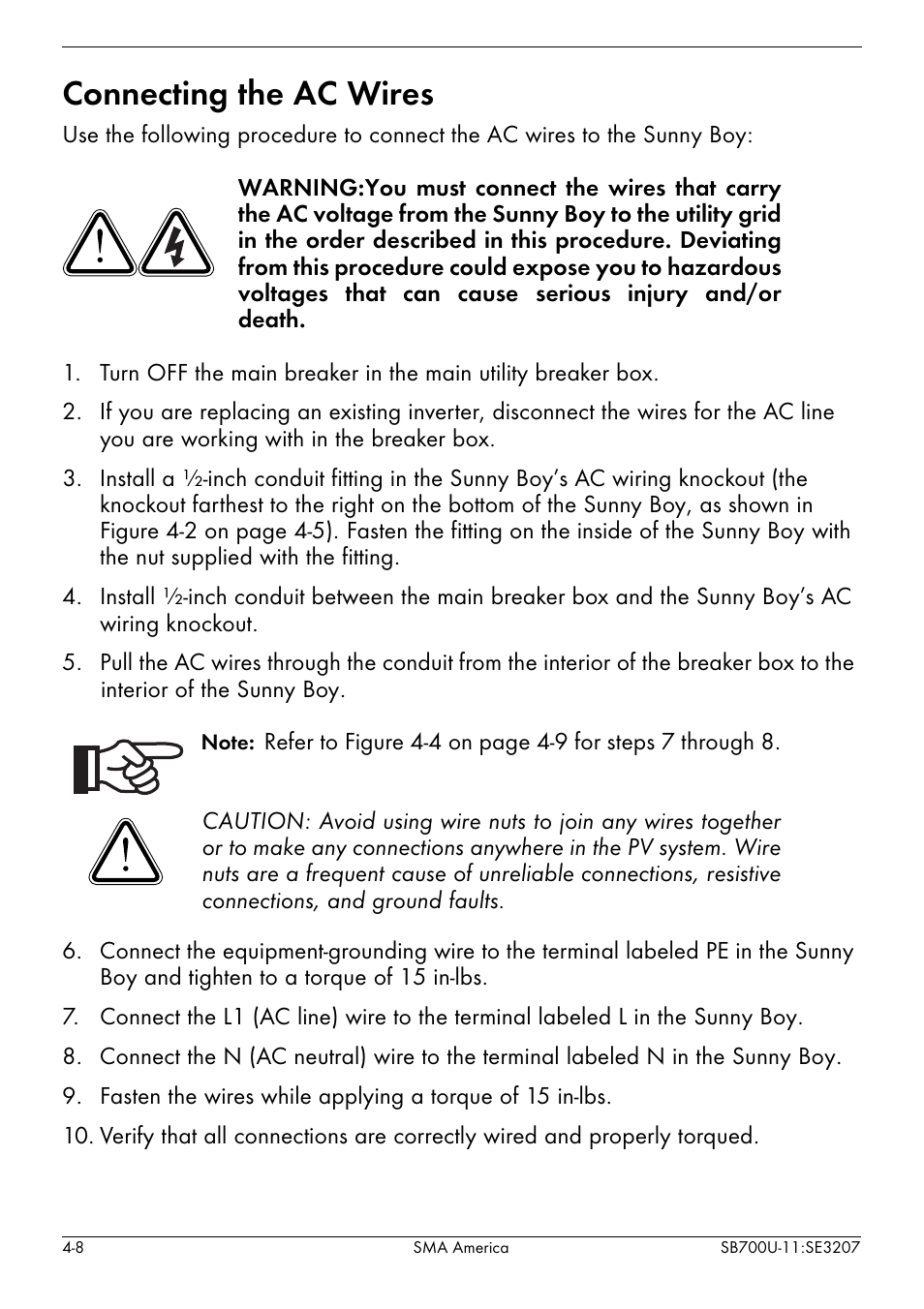 Connecting the ac wires -8, Connecting the ac wires | SMA SB 700U User Manual | Page 32 / 86