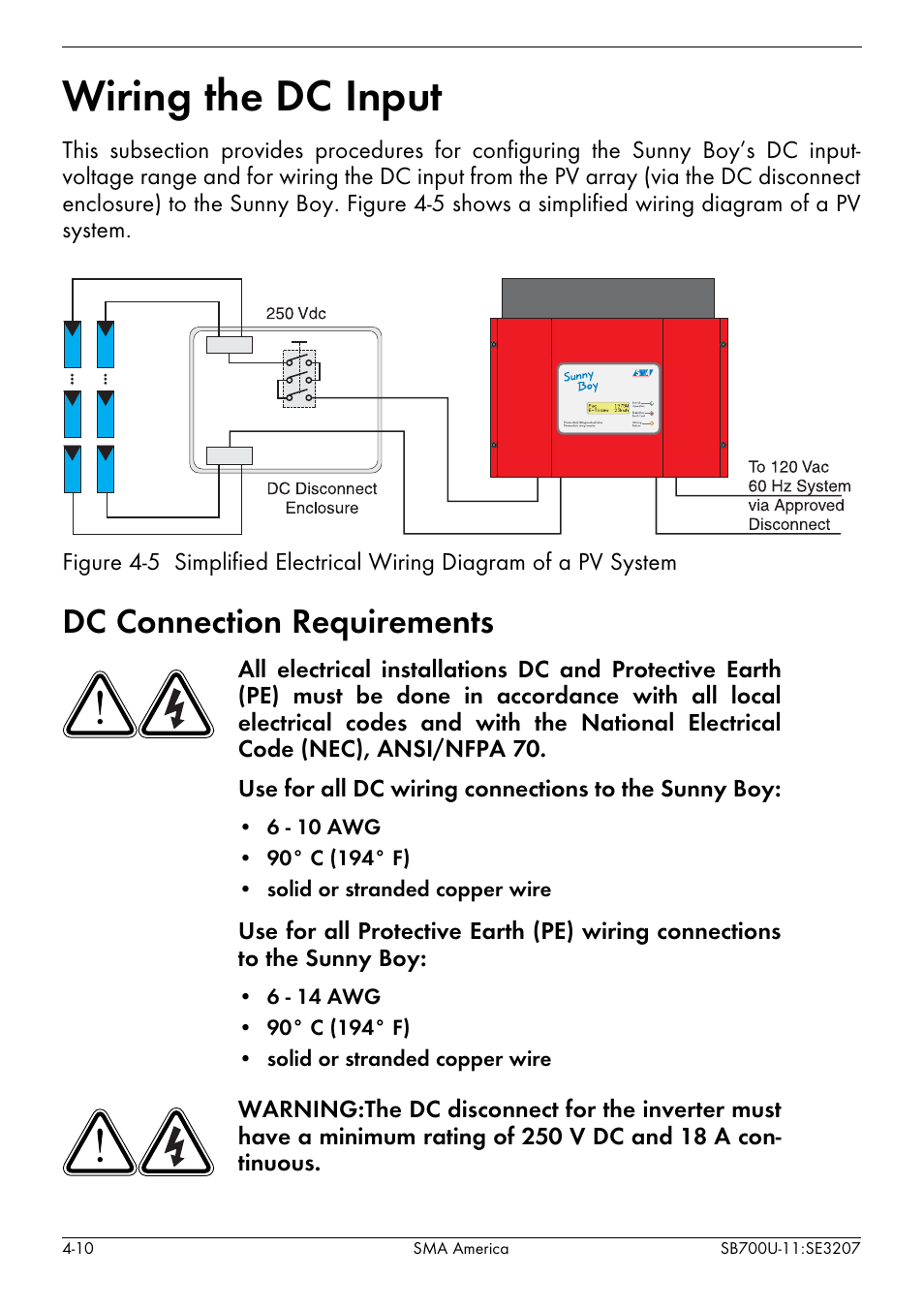 Wiring the dc input -10, Dc connection requirements -10, Wiring the dc input | Dc connection requirements | SMA SB 700U User Manual | Page 34 / 86