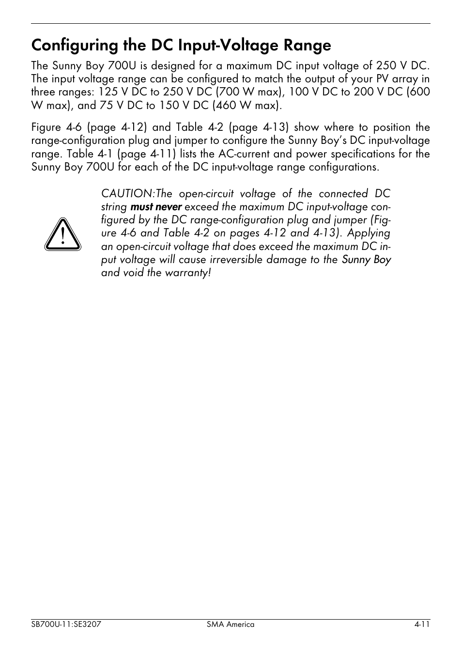 Configuring the dc input-voltage range -11, Configuring the dc input-voltage range | SMA SB 700U User Manual | Page 35 / 86