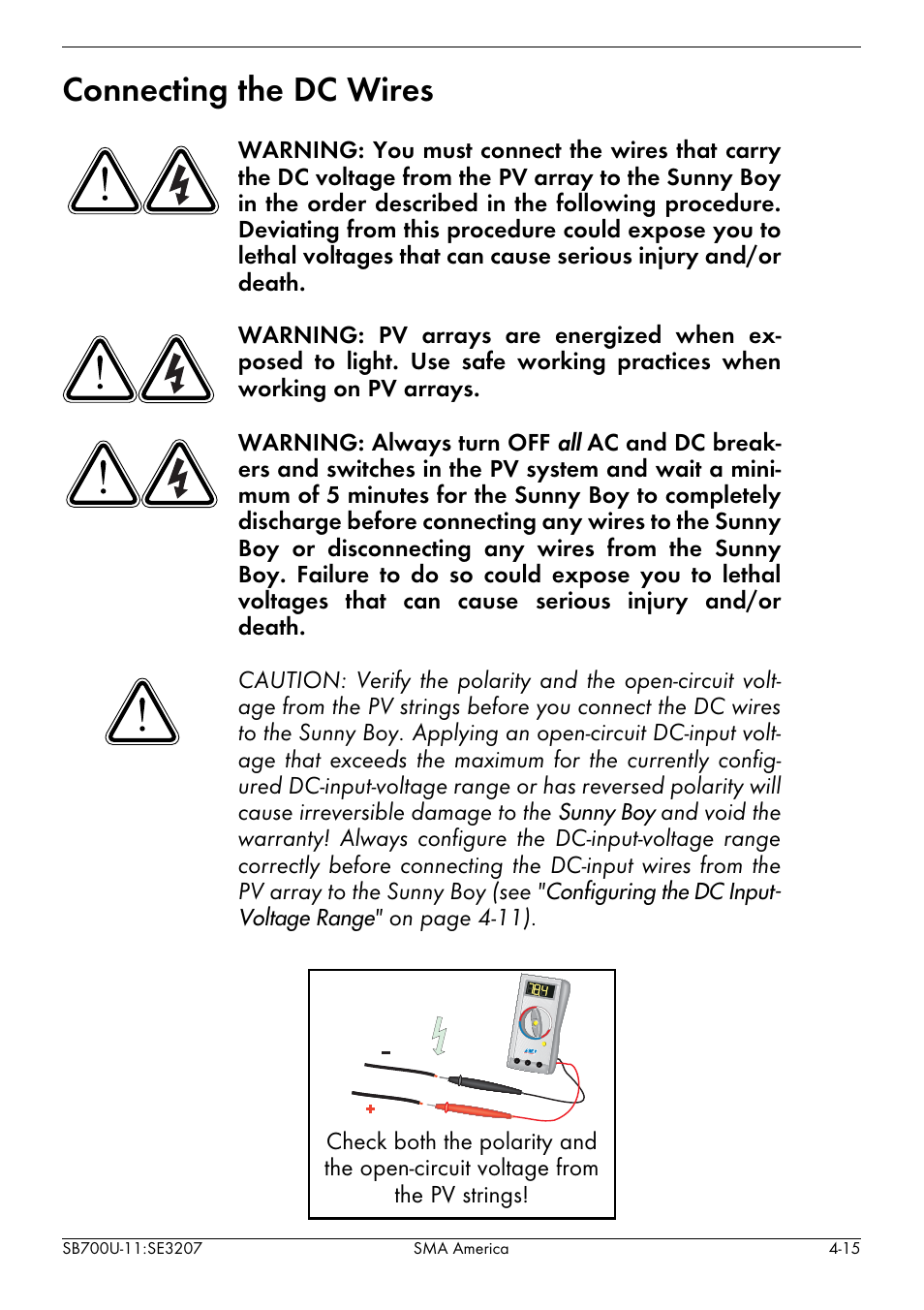 Connecting the dc wires -15, Connecting the dc wires | SMA SB 700U User Manual | Page 39 / 86