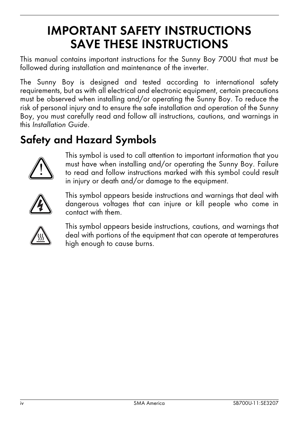 Safety and hazard symbols | SMA SB 700U User Manual | Page 4 / 86
