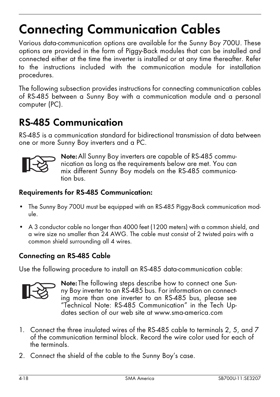 Connecting communication cables -18, Rs-485 communication -18, Connecting communication cables | Rs-485 communication | SMA SB 700U User Manual | Page 42 / 86