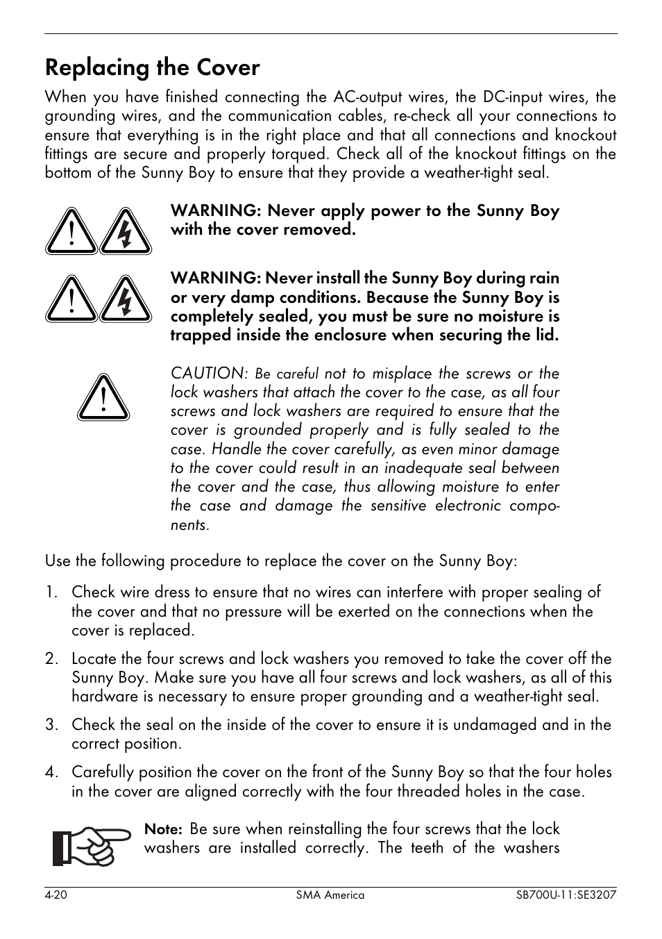 Replacing the cover -20, Replacing the cover | SMA SB 700U User Manual | Page 44 / 86