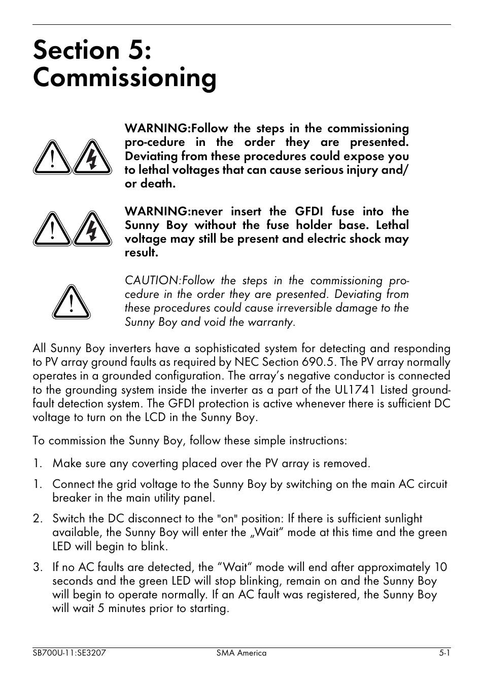 Section 5, Commissioning, Section 5: commissioning | SMA SB 700U User Manual | Page 47 / 86