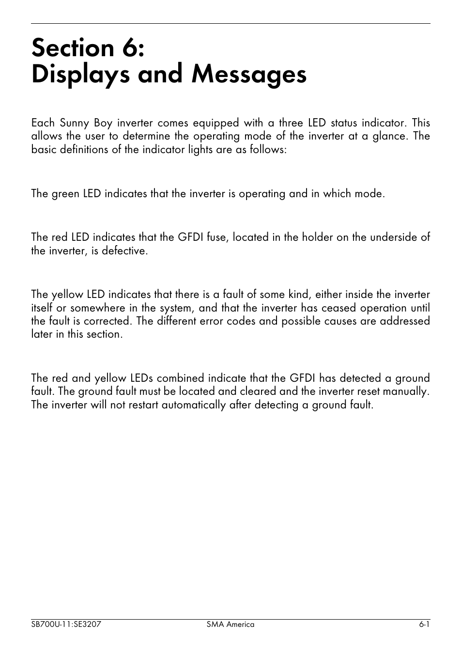 Section 6, Displays and messages, Section 6: displays and messages | SMA SB 700U User Manual | Page 49 / 86