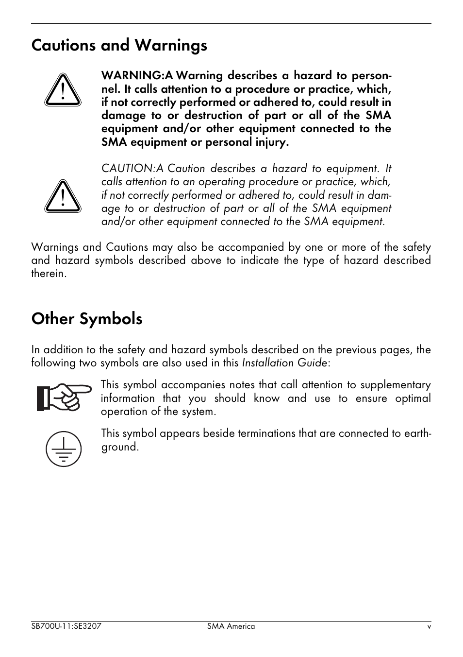 Cautions and warnings, Other symbols | SMA SB 700U User Manual | Page 5 / 86