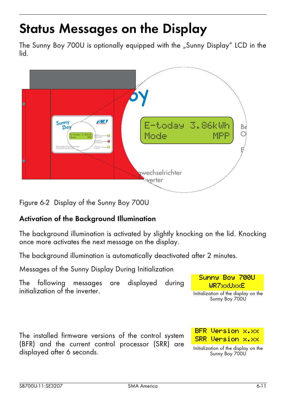 Status messages on the display -11, Status messages on the display, E-today 3.86kwh mode mpp | SMA SB 700U User Manual | Page 59 / 86