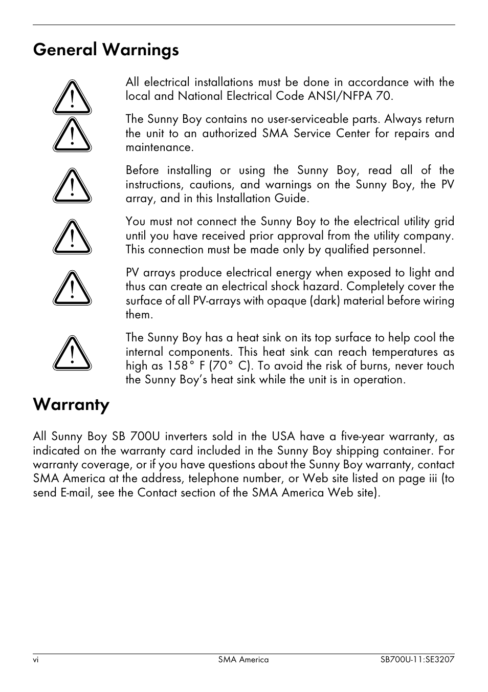 General warnings, Warranty | SMA SB 700U User Manual | Page 6 / 86