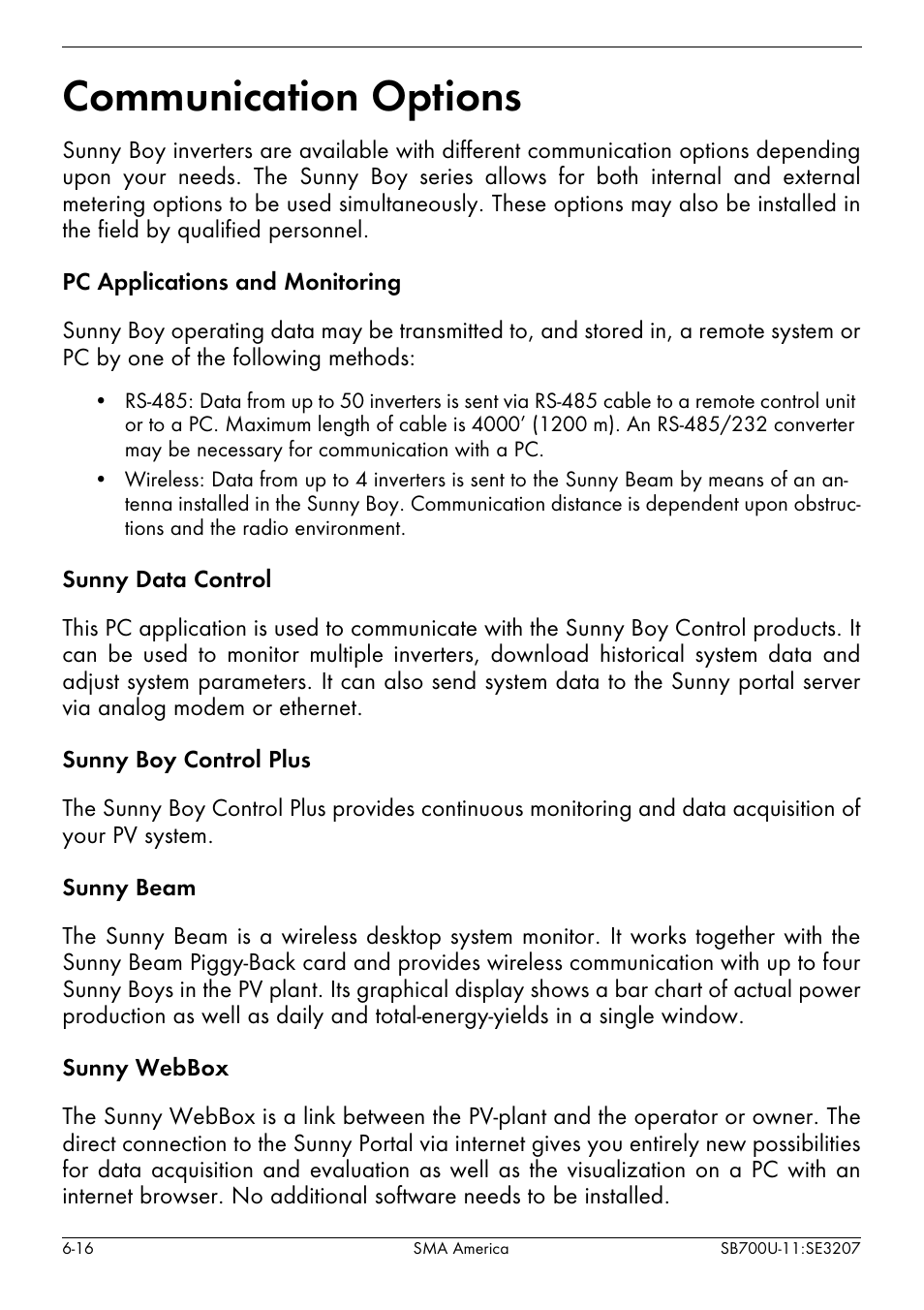 Communication options -16, Communication options | SMA SB 700U User Manual | Page 64 / 86