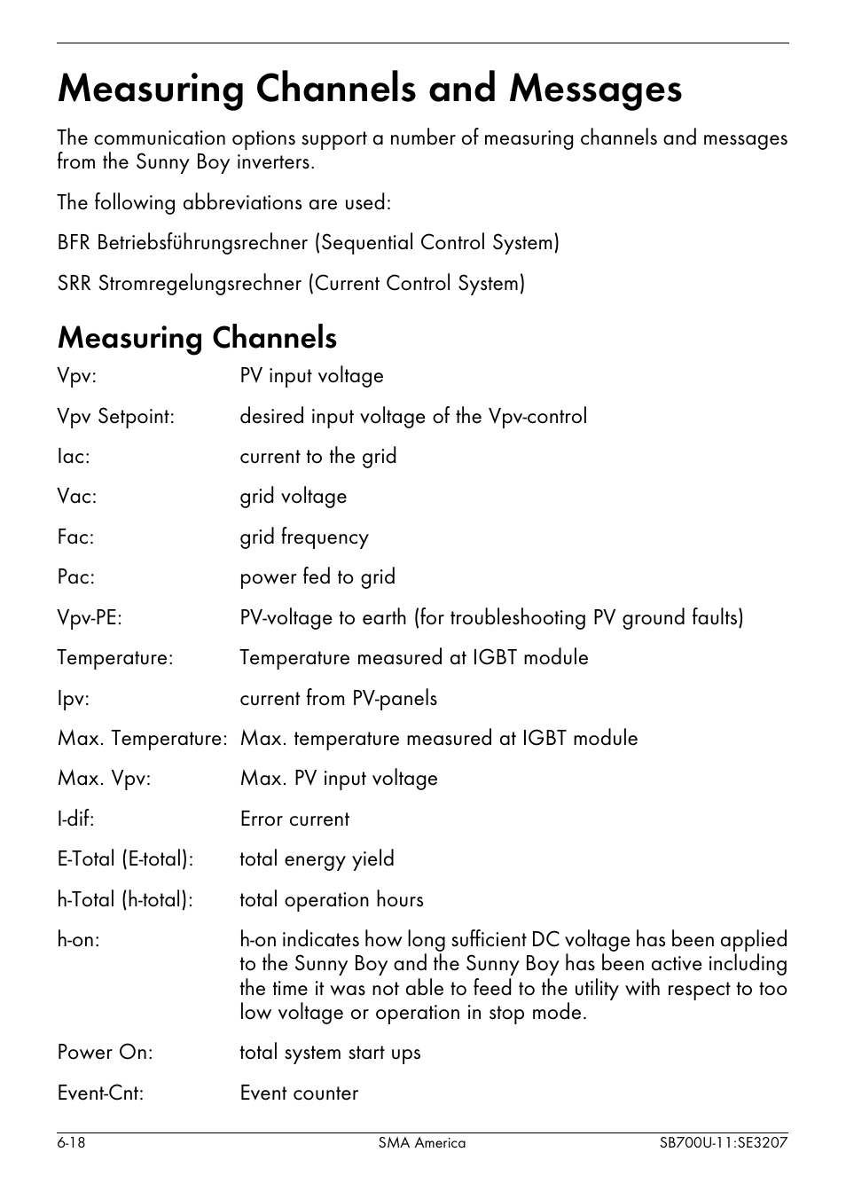 Measuring channels and messages -18, Measuring channels -18, Measuring channels and messages | Measuring channels | SMA SB 700U User Manual | Page 66 / 86