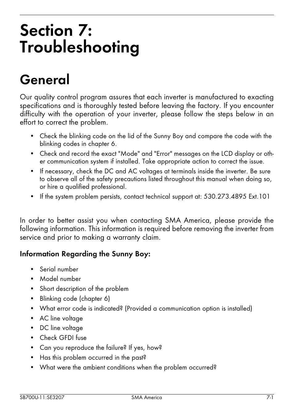 Section 7, Troubleshooting, General -1 | General | SMA SB 700U User Manual | Page 75 / 86