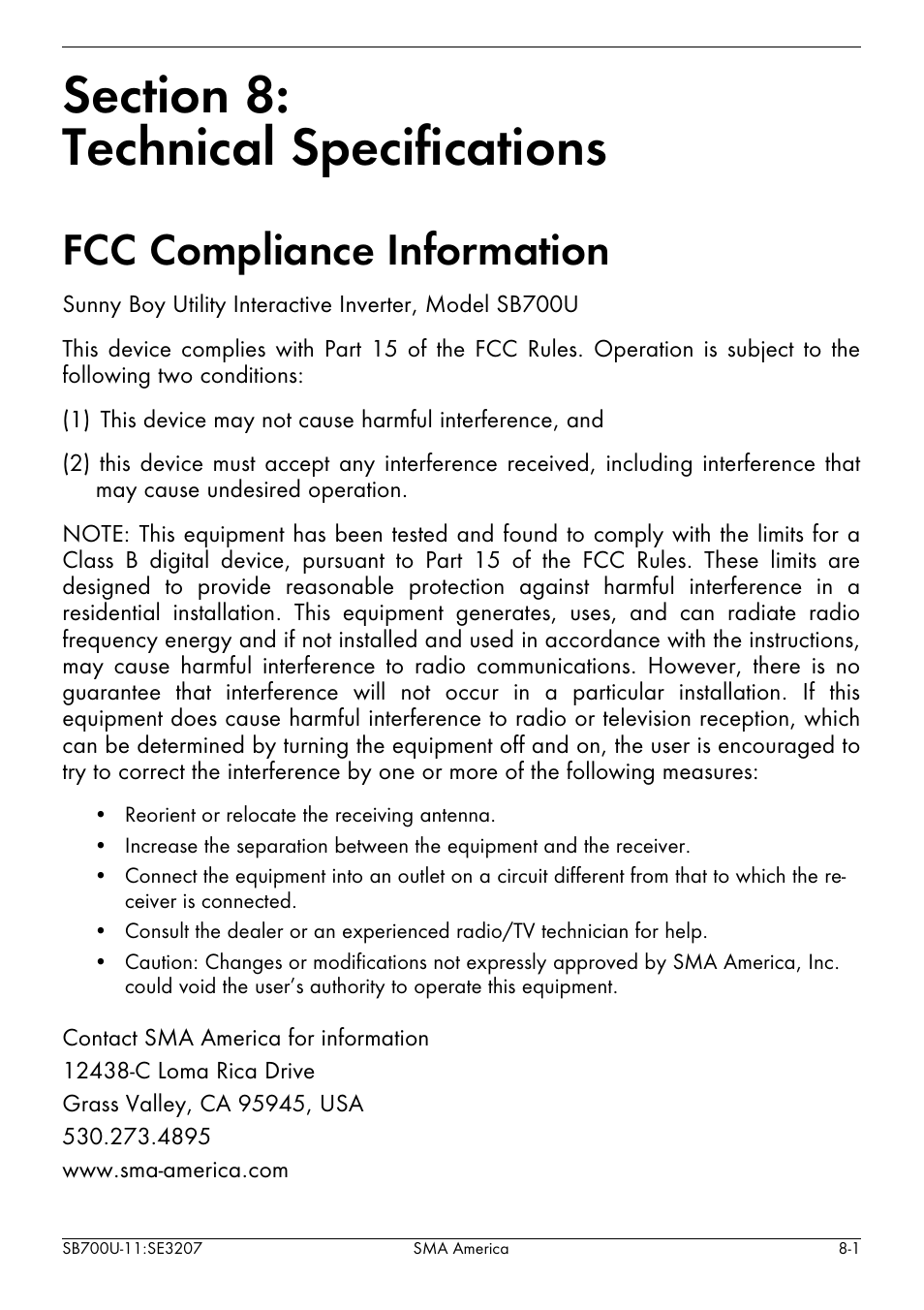 Section 8, Technical specifications, Fcc compliance information -1 | Fcc compliance information | SMA SB 700U User Manual | Page 79 / 86