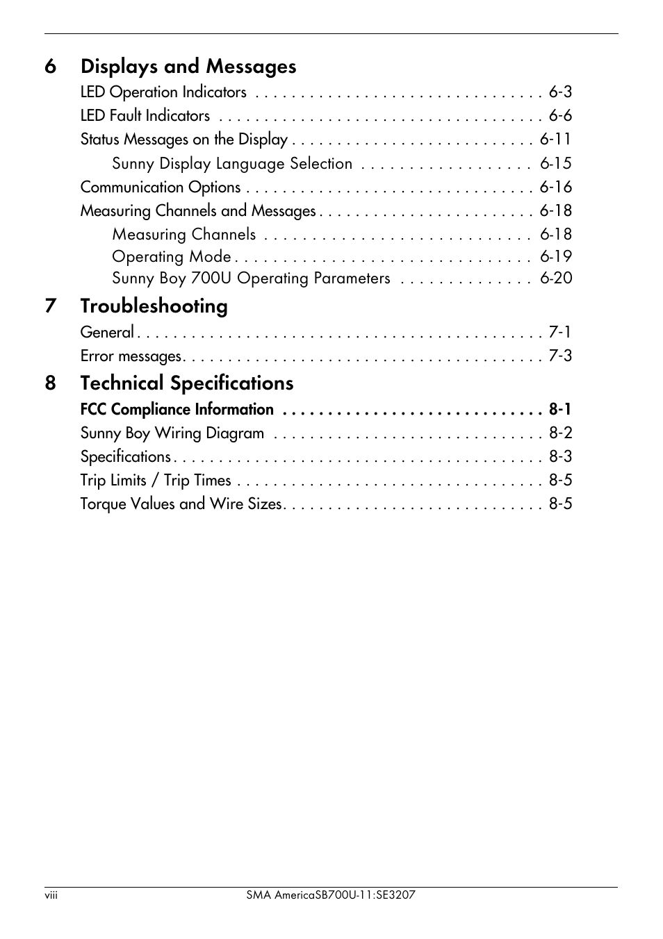 6displays and messages, 7troubleshooting, 8technical specifications | SMA SB 700U User Manual | Page 8 / 86