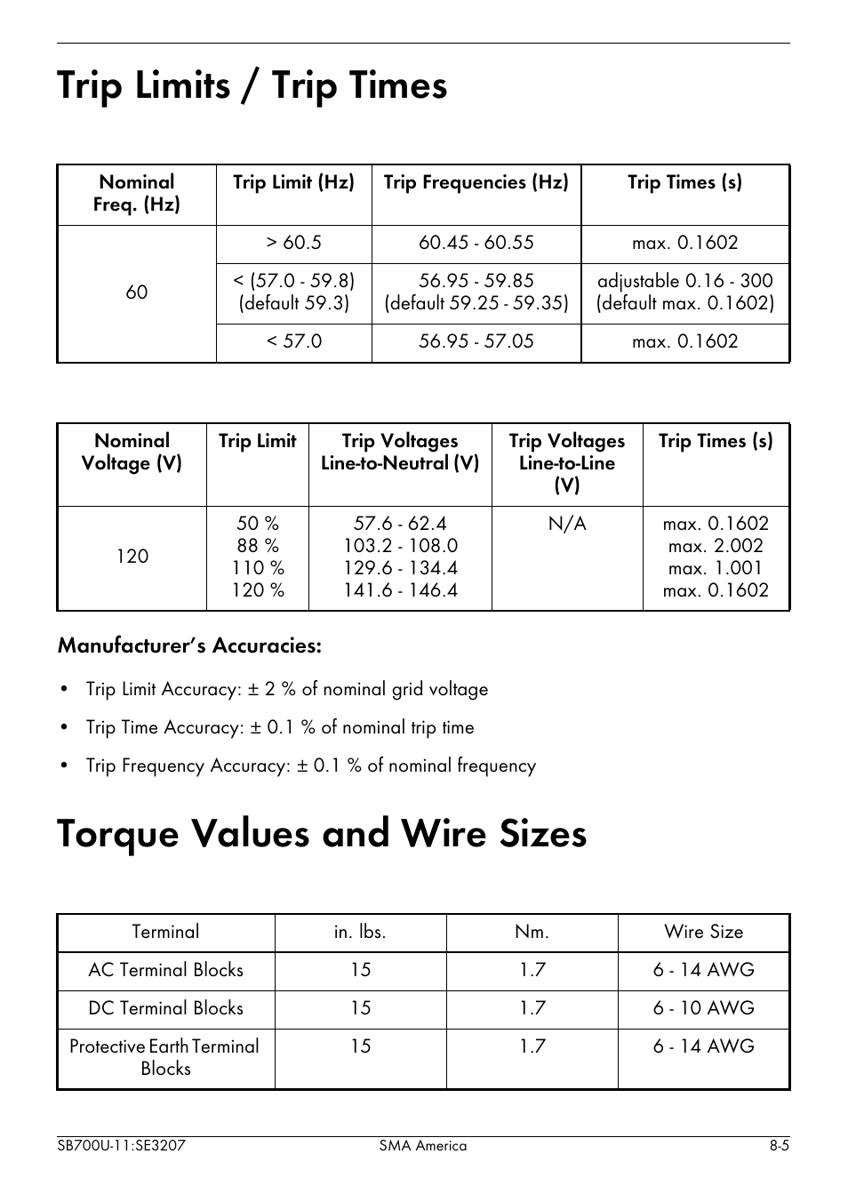 Trip limits / trip times, Torque values and wire sizes | SMA SB 700U User Manual | Page 83 / 86