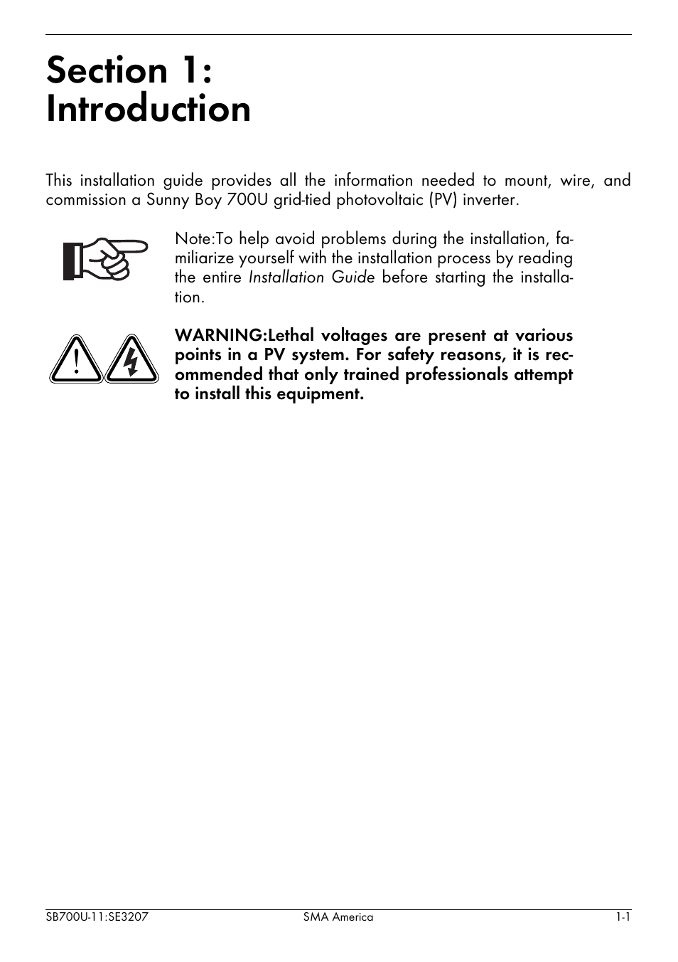 Section 1, Introduction | SMA SB 700U User Manual | Page 9 / 86