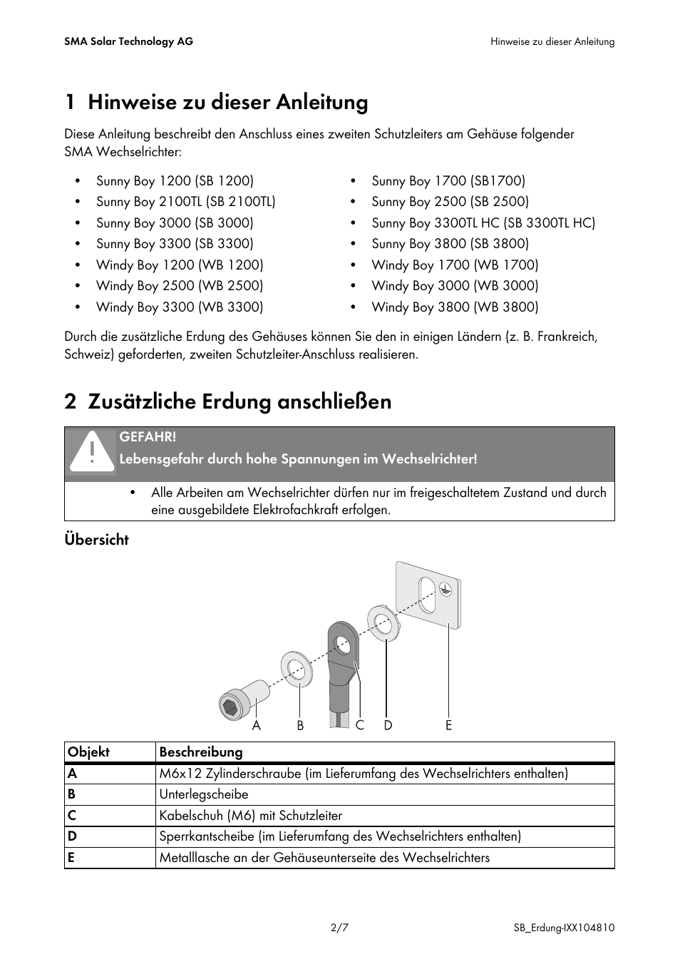 1 hinweise zu dieser anleitung, 2 zusätzliche erdung anschließen | SMA DB-SB-ERD User Manual | Page 2 / 8